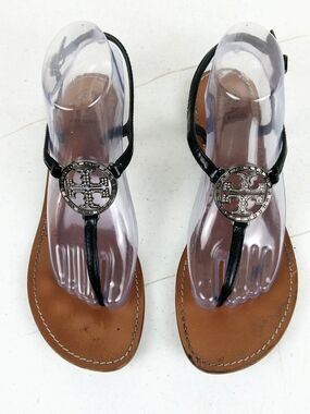 Tory Burch Thong Sandals Size 9.5 Black Patent Leather Large Rhinestone Logo